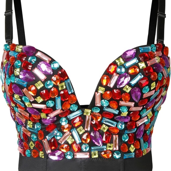Charmian Women's Spaghetti Straps Rhinestone Beaded Bustier Crop Top Bra - Large - Picture 1 of 10